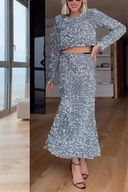 Women's Round Neck Sequined Shiny Two-piece Suit