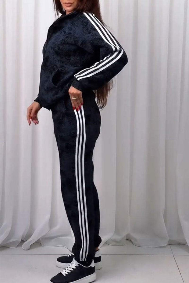 Women's Lapel Long Sleeve Striped Hoodies Two Piece Set