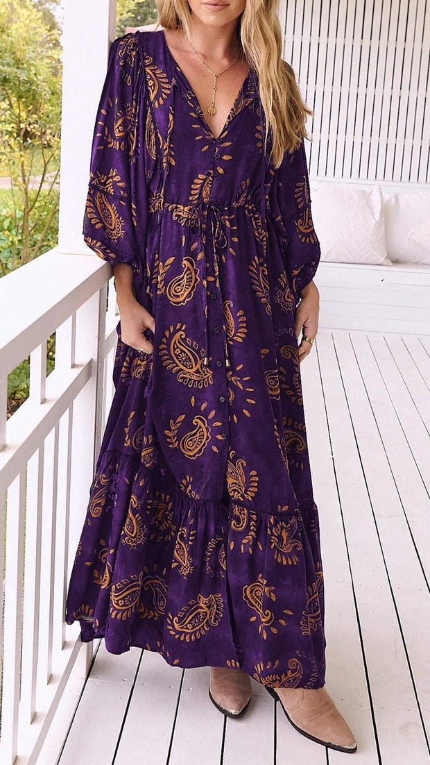 Women's V-neck Printed Long-sleeved Casual Dress