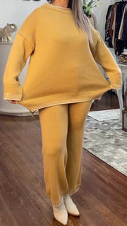 Women's Casual Loose Contrast Color Knitted Pants Suit