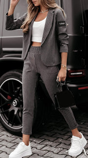 Women's Lapel Long Sleeve Striped Casual Suit