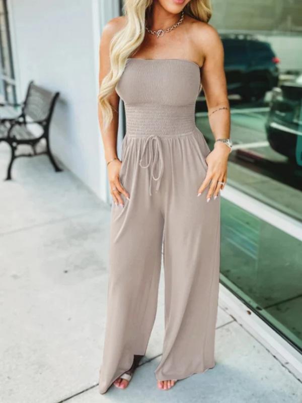 Off-the-shoulder solid color gathered jumpsuit