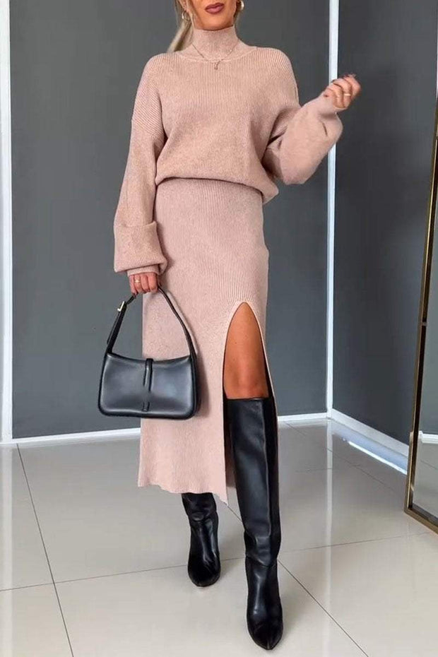 Women's High Collar Long Sleeve Sweater Skirt Two Piece Suit