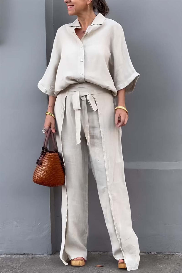 Casual solid color cotton and linen wrap pants two-piece set