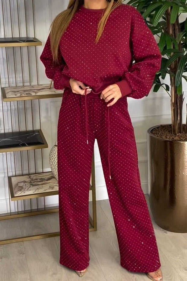 Women's Sequined Round Neck Long Sleeve Sweatshirt Two Piece Suit