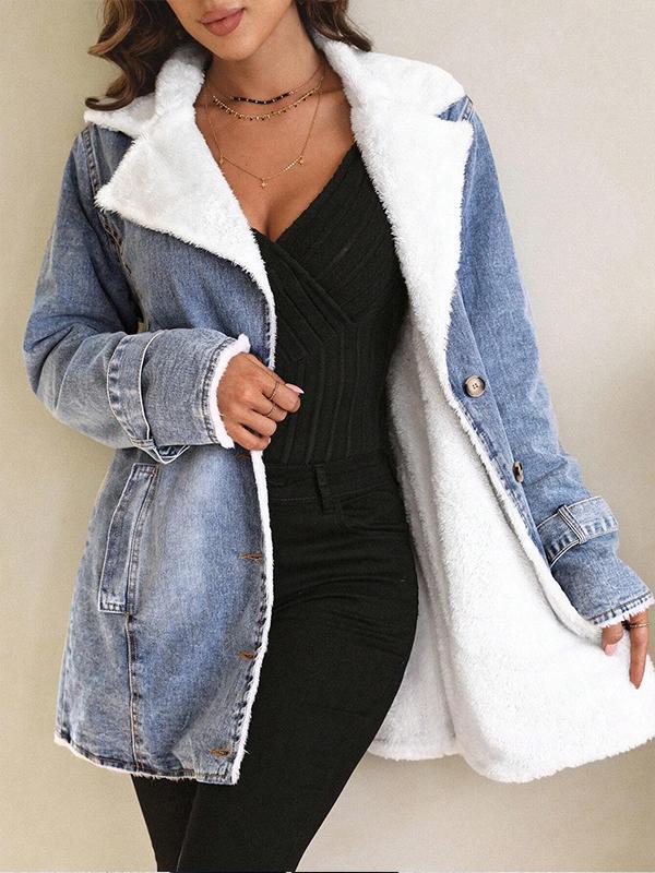 Lapel Neck Fleece Lined Denim Coat