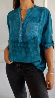 V-neck Half-button Printed Top