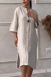 Casual buttoned cotton and linen dress