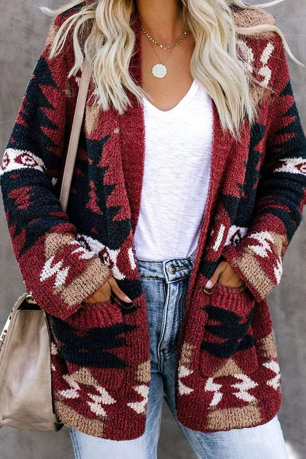 Vintage Western Print Casual Knit Cardigan