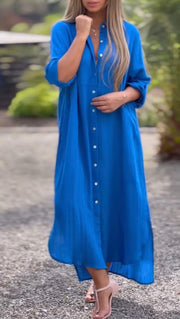 Women's Casual Solid Color Button Front Linen Shirt Dress