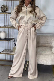 Women's Spring and Fall Casual Solid Color Short Top Jacket Elastic Trouser Suit