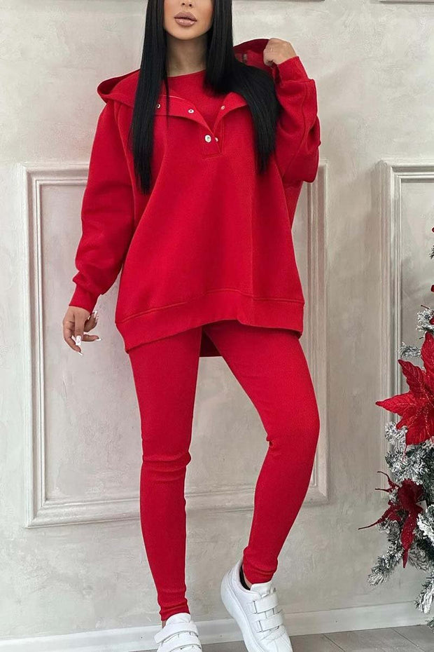 Women's casual sports solid color hooded three-piece set