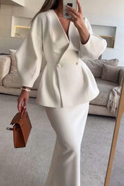 Women's Long-sleeved V-neck Top and Hip Skirt Suit