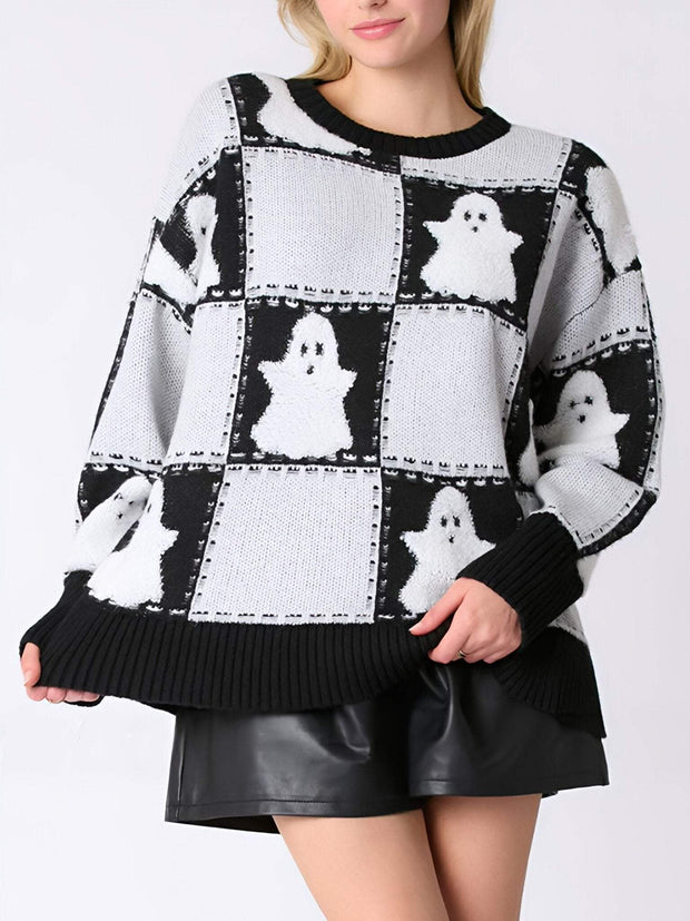 Women's Round-neck Halloween Ghost Plaid Pullover Knitted Sweater