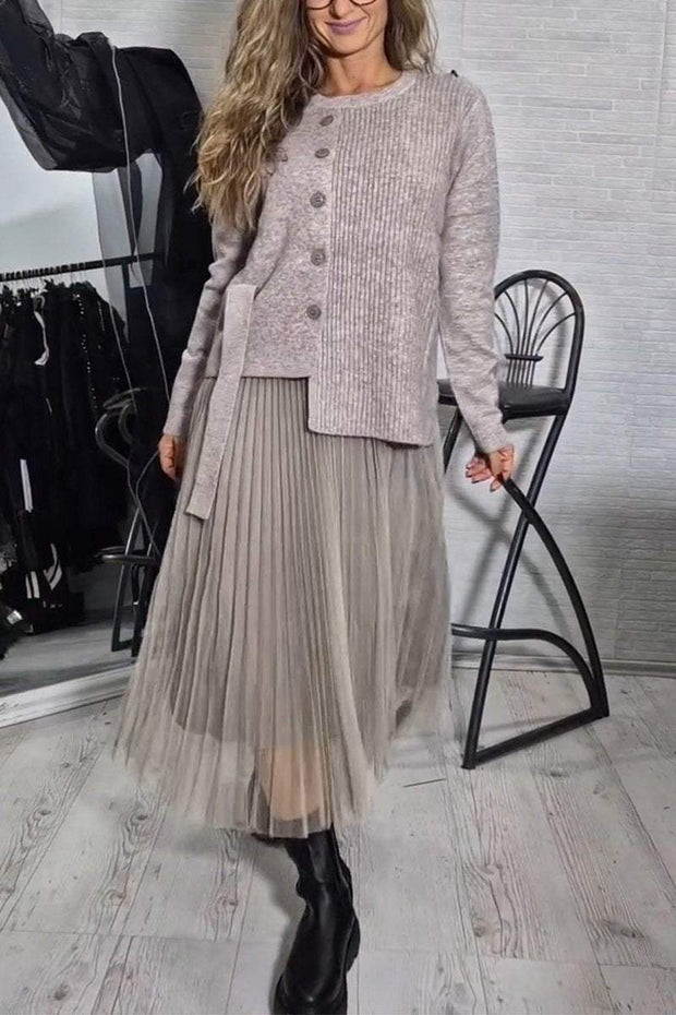 Women's Round Neck Sweater + Pleated Dress Two-piece Set