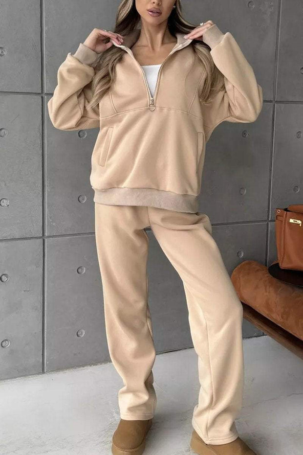 Women's Casual Solid Color Zip Neck Two Piece Set