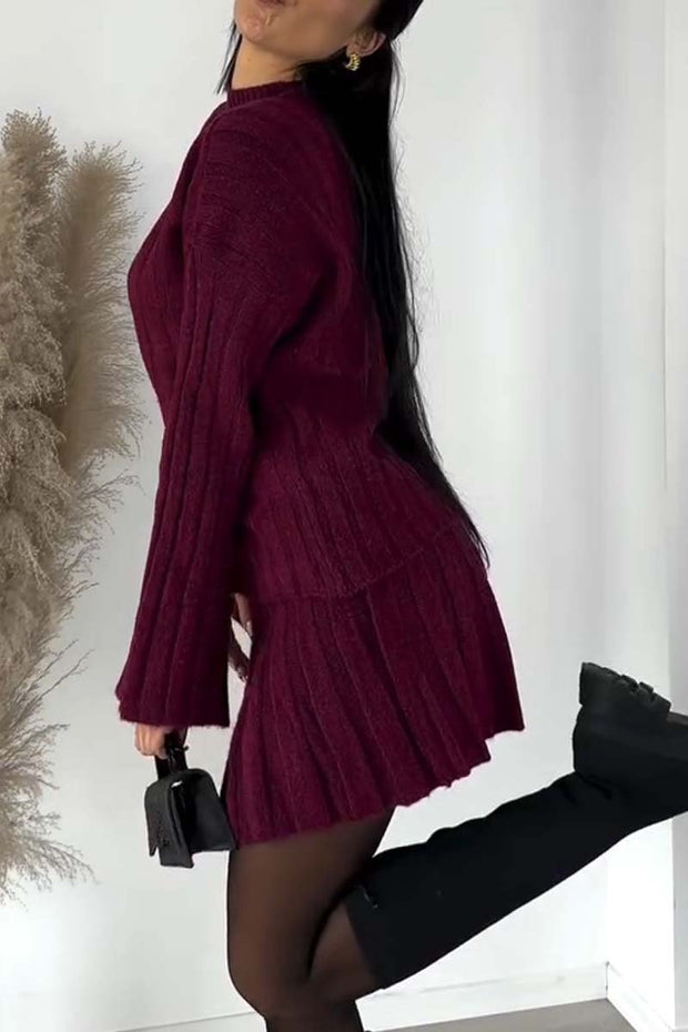 Women's simple solid color wide striped sweater skirt suit