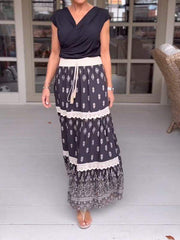 Casual V-neck Printed Skirt Two-piece Suit