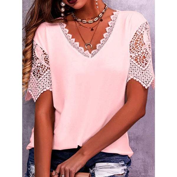 Women's lace stitching loose V-neck T-shirt