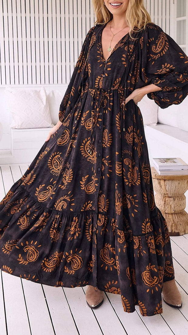 Women's V-neck Printed Long-sleeved Casual Dress