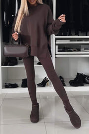 Women's Fall/winter Solid Color Crew-neck Side Slit Hoodie Set