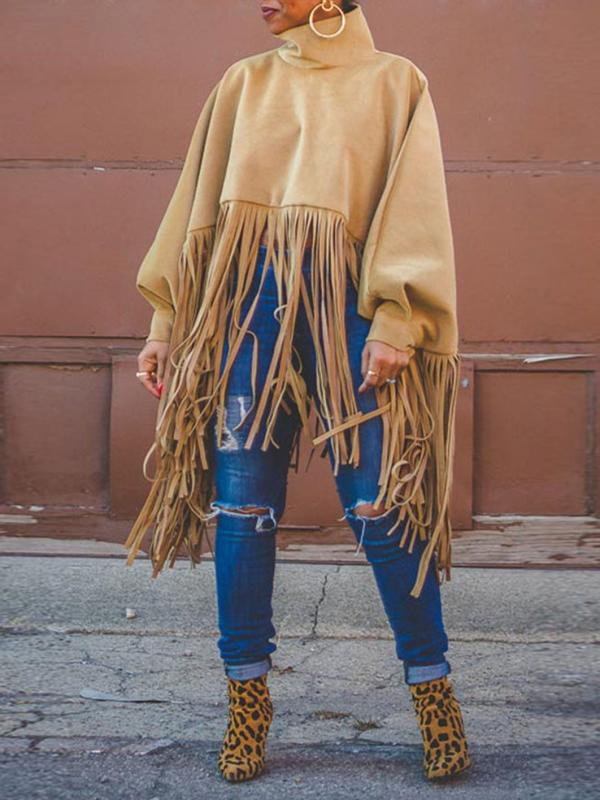 Chic Turtleneck Fringe Hem Top