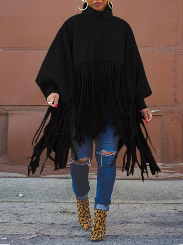 Chic Turtleneck Fringe Hem Top